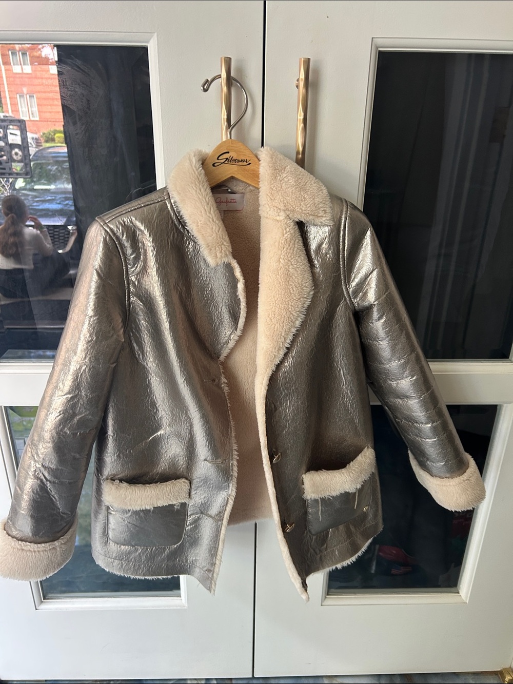 Lili Gaufrette Metallic Silver Shearling-Lined Coat size 8
